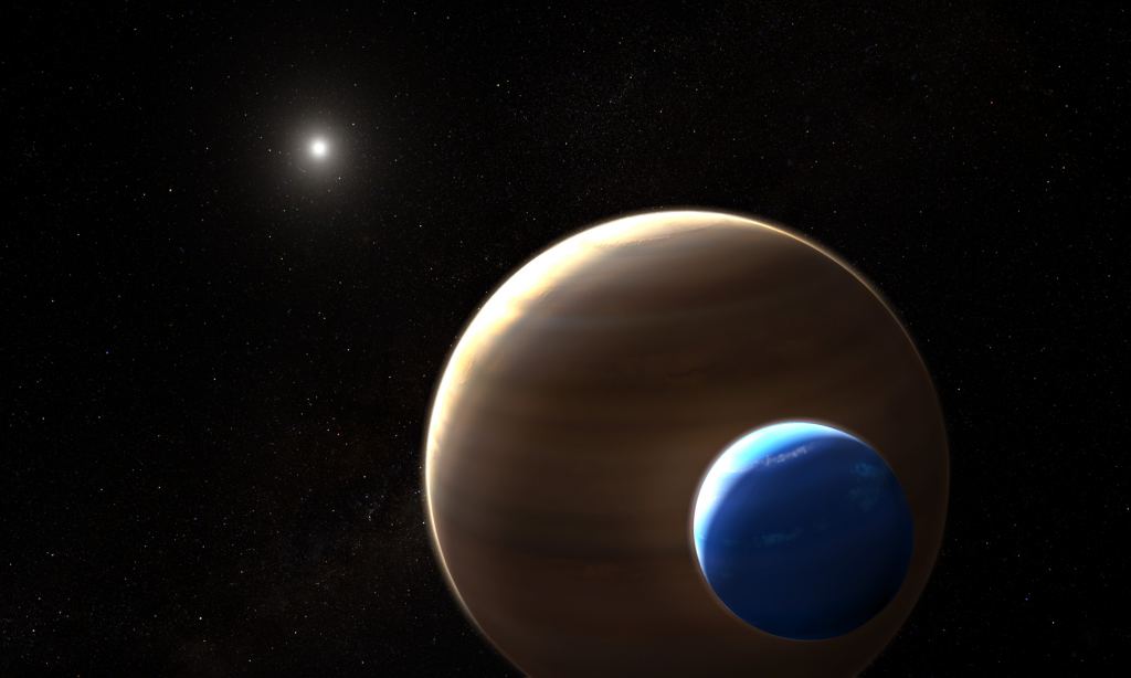 An artist's illustration of the Kepler 1625 system. The star in the distance is called Kepler 1625. The gas giant is Kepler 1625B, and the exomoon orbiting it is unnamed. The suspected moon is about as big as Neptune, but is a gas moon. Astronomers found evidence of the moon's existence in 2017, but the original discoverers say that the detection is likely an error. So far we know of no exomoons for certain. Image: NASA, ESA, and L. Hustak (STScI)