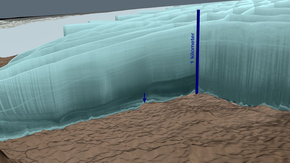 This is an image of the data gathered during the follow-up study to confirm the existence of the impact crater. The ice covering the crater is a half mile deep. Image Credit: NASA/Cindy Starr.