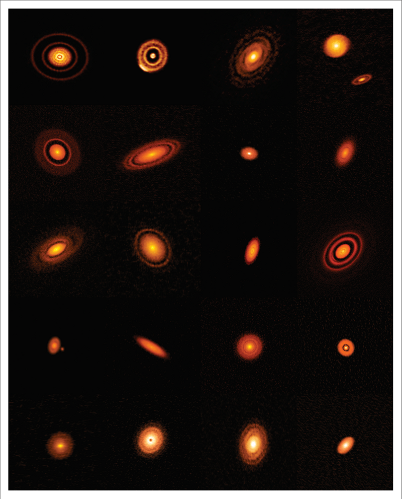 Astronomers have spotted many discs with revealing gaps, but it has been very difficult to locate the actual planets that create these gaps. This image is a collection of high-resolution ALMA images representing nearby protoplanetary disks, results from the DSHARP (High Angle Resolution Disk Substructures) project. Credit: ALMA (ESO / NAOJ / NRAO), S. Andrews et al. NRAO / AUI / NSF, S. Dagnello
