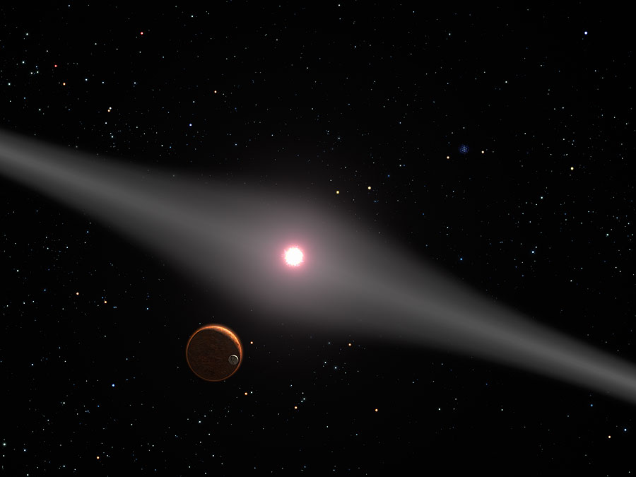 An artist's impression of the red dwarf star AU Microscopii (AU Mic.) it's losing some of its atmosphere each time its star flares. Image Credit: By NASA/ESA/G. Bacon (STScI) 