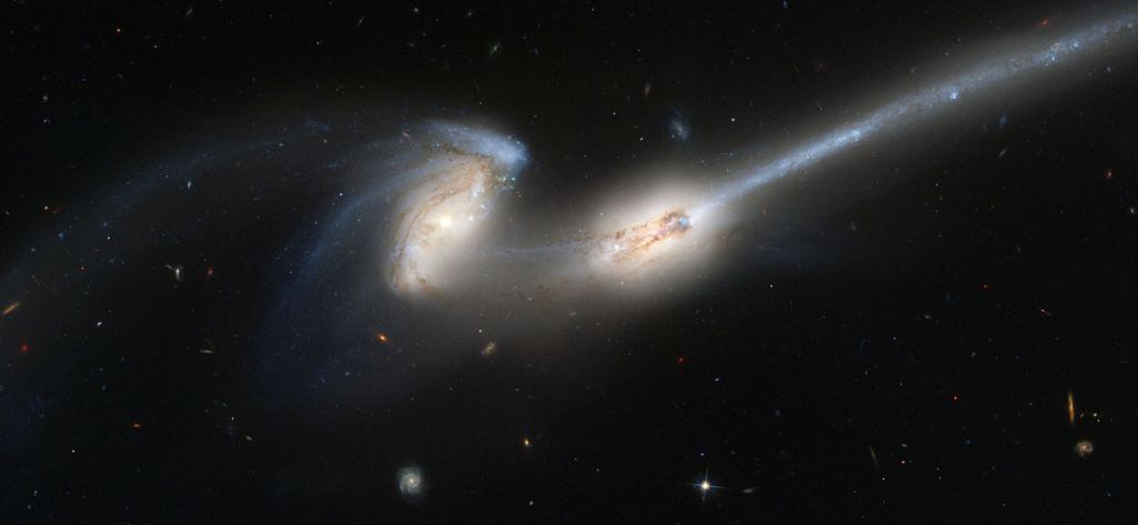 Mouse galaxies (NGC 4676 A and B) are 300 million light years away. This image of the merged pair was captured using Hubble's Advanced Investigation Camera (ACS). They are nicknamed mice because of their long tail of shooting stars, shaped by gravitational interactions. Image Credit: By NASA, H. Ford (JHU), G. Illingworth (UCSC / LO), M.Clampin (STScI), G. Hartig (STScI), the ACS Scientific Team and L & ESA - APOD 2004-06-12, Public Domain, https://commons.wikimedia.org/w/index.php?curid=539276