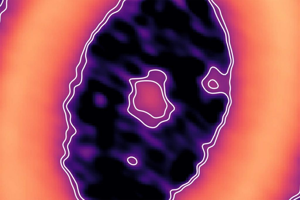 This is a colour-enhanced image of millimetre-wave radio signals from the ALMA observatory from previous research. It shows the PDS 70 star and both exoplanets. Image Credit: A. Isella, ALMA (ESO/NAOJ/NRAO)