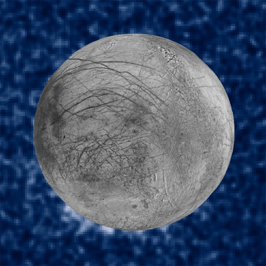 This composite image shows suspected plumes of water vapour erupting at the 7 o'clock position off the limb of Jupiter's moon Europa. The plumes, photographed by Hubble's Imaging Spectrograph, were seen in silhouette as the moon passed in front of Jupiter. Hubble's ultraviolet sensitivity allowed for the features, rising over 160 kilometres above Europa's icy surface, to be discerned. The Hubble data were taken on January 26, 2014. The image of Europa, superimposed on the Hubble data, is assembled from data from the Galileo and Voyager missions. Image Credit: NASA/HST/STScI