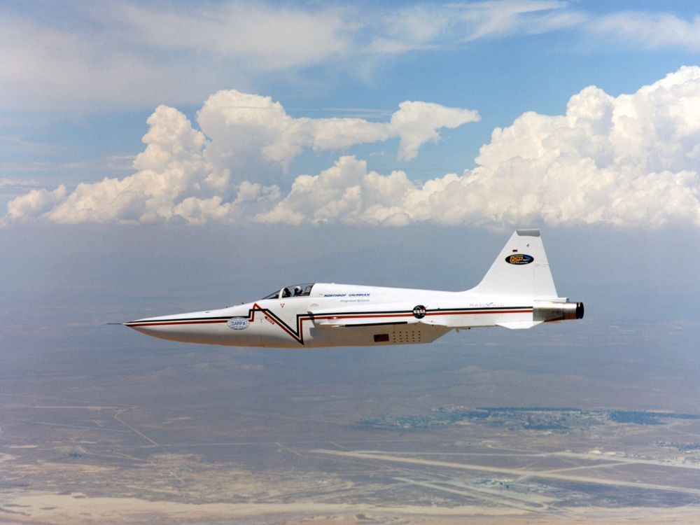 The Northrop F5-E is a sort of forerunner to the X-59. Its pelican-shaped nose was designed to reduce the sonic boom felt and heard by people on the ground. Image Credit: NASA