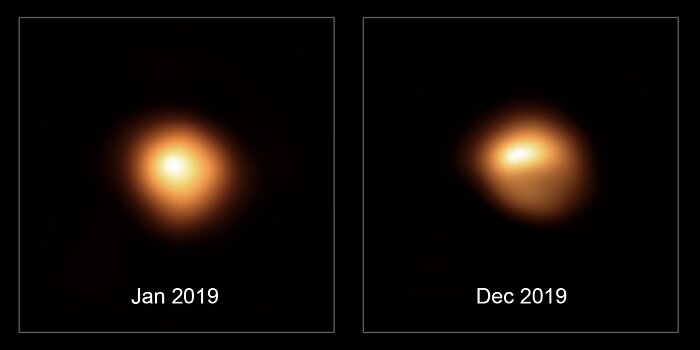 This comparison image shows the star Betelgeuse before and after its unprecedented dimming. The observations, taken with the SPHERE instrument on the ESO's Very Large Telescope in January and December 2019, show how much the star has faded and how its apparent shape has changed. Image Credit: ESO/VLT/SPHERE