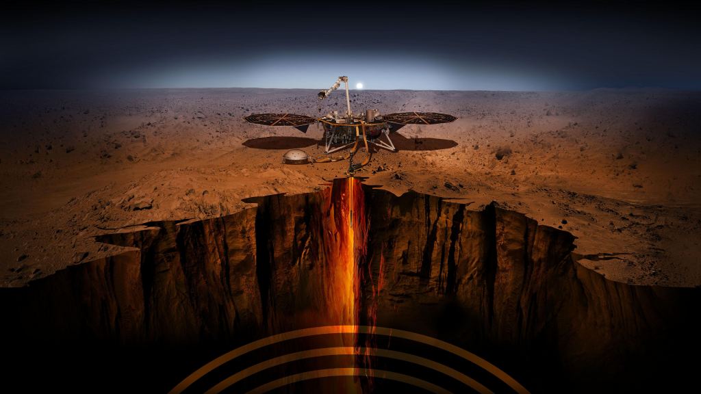 Artist's concept of InSight "taking the pulse of Mars". Credit: NASA/JPL-Caltech