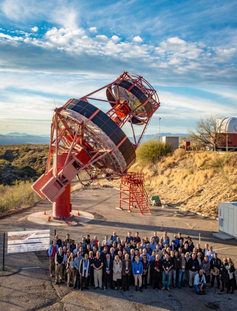Guests of the pSCT inauguration in January 2019 gather in front of the telescope.
Credit: Deivid Ribeiro, Columbia University.