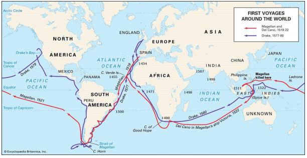 Magellan and Drakes's historic sailing voyages. Image Credit: Dennefeld, 2020.