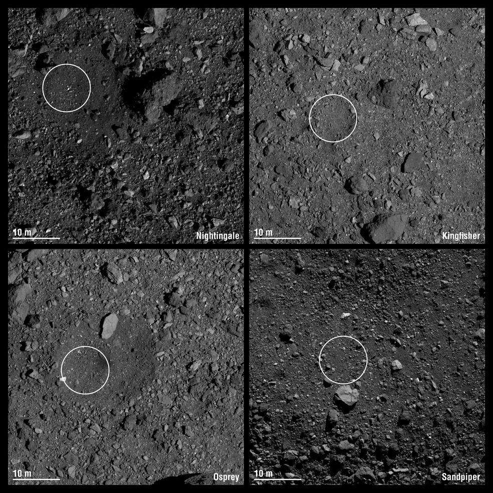 Four different sample sites that show the diversity and roughness of Bennu's surface in some detail.