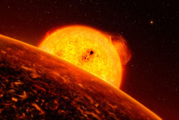 Artist's impression of a lava world. The exoplanet K2-141b is so close to its  host star that it likely has magma oceans and surface temperatures over 3000 degrees.  It's possible water is mixed in with the magma. c. ESO