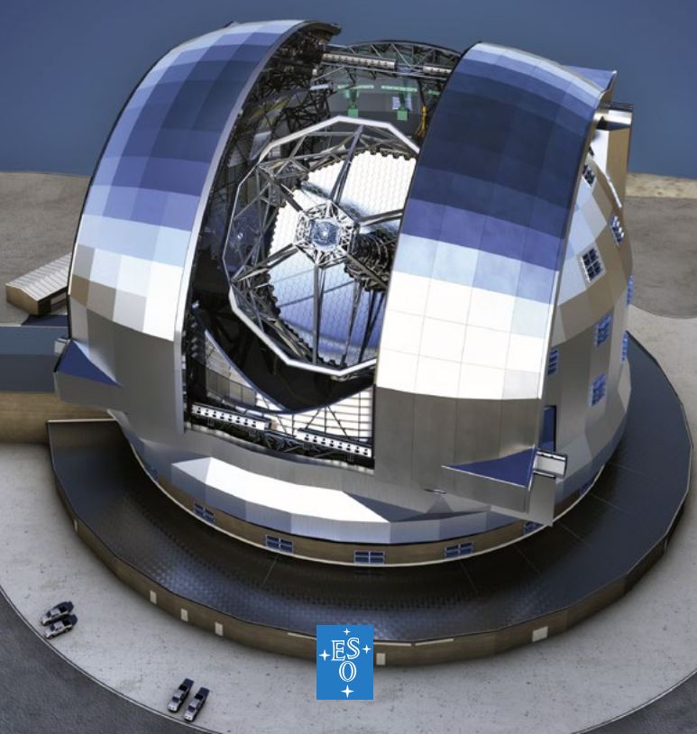 The ELT would have to see the first light in 2024.  This illustration shows the scale of the telescope and also shows its segmented primary mirror, which has a diameter of 39.3 meters (130 feet).  Image Credit: ESO