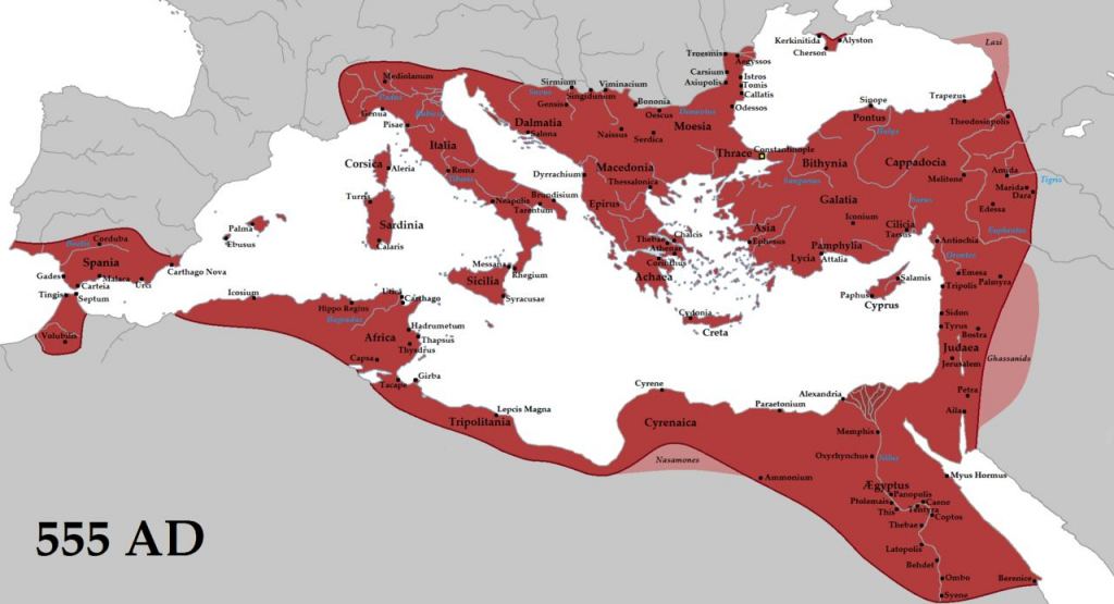 The empire in 555 under Justinian the Great, at its greatest extent since the fall of the Western Roman Empire. Vassal states are shown in pink. Image Credit: By Tataryn - Own work, CC BY-SA 3.0, https://commons.wikimedia.org/w/index.php?curid=19926428