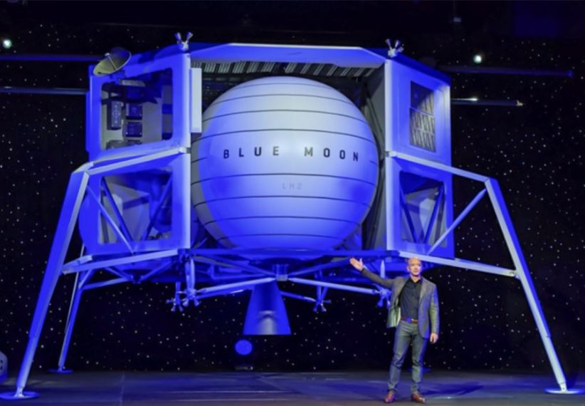 Jeff Bezos stands in front of the Blue Moon - Blue Origin's planned Lunar Lander