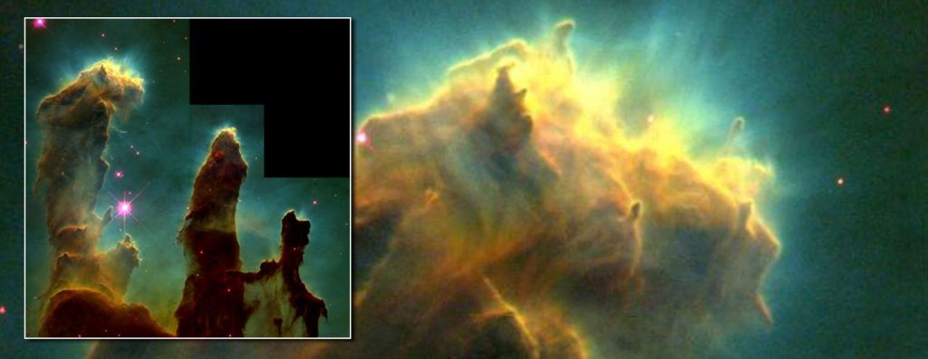 Hubble image of a portion of the Eagle Nebula dubbed the "Pillars of Creation." The image on the right shows several frEGGs on the tips of fingers of gas. Image Credit: NASA, ESA, STScI, J. Hester and P. Scowen (Arizona State University)