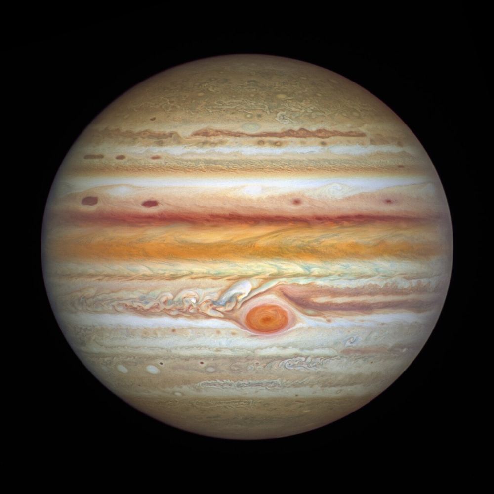 Hubble’s 2021 image of Jupiter shows the Great Red Spot, along with smaller storms that may be affecting its size over time. Courtesy NASA/ESA/STScI.