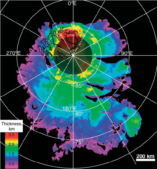 This is a map of the SPLD thickness, based on MARSIS measurements and MOLA surface topography. Image Credit: Plaut et al. 2007.