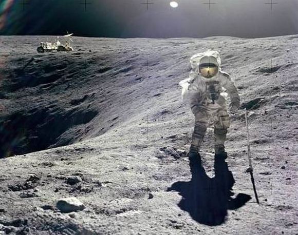 Sample collection on the lunar surface. Apollo 16 astronaut Charles M. Duke Jr. is shown collecting samples with the Lunar Roving Vehicle in the left background. Image: NASA