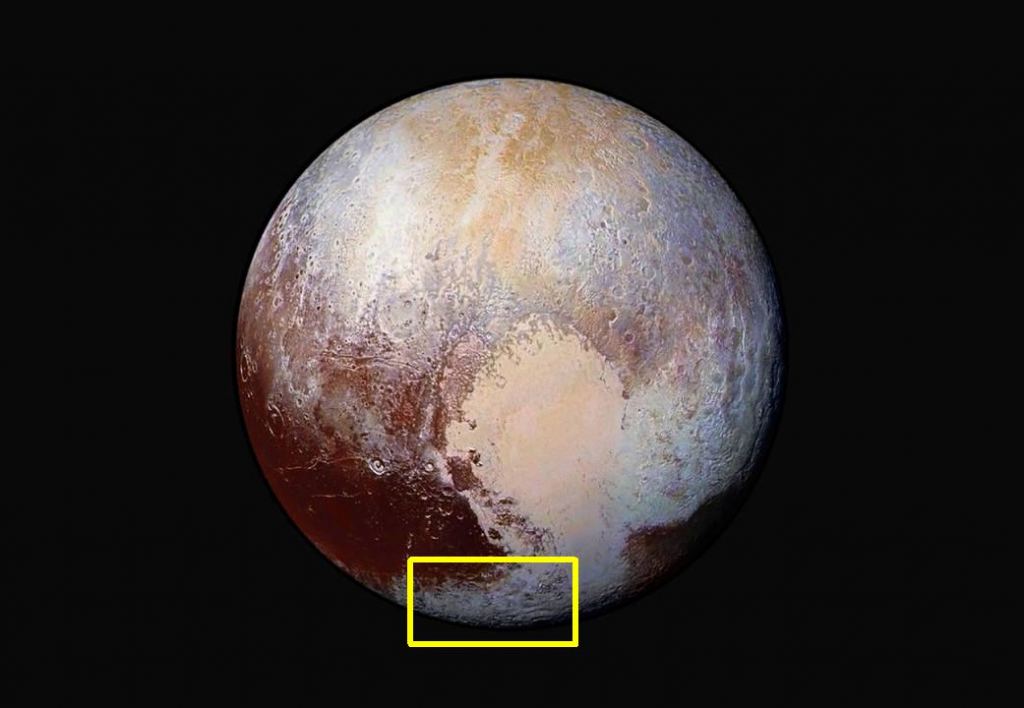 Pluto's most visible landmark is the heart-shaped feature named “Tombaugh Regio” in honor of astronomer Clyde Tombaugh, who discovered the dwarf planet. The bright expanse of the western lobe of Pluto’s “heart” is called Sputnik Planitia. The area the new study focuses on is to the southwest of Sputnik Planitia, shown with the yellow rectangle. (Note: False Colour Image.) Credit: Courtesy NASA / JHUAPL / SwRI