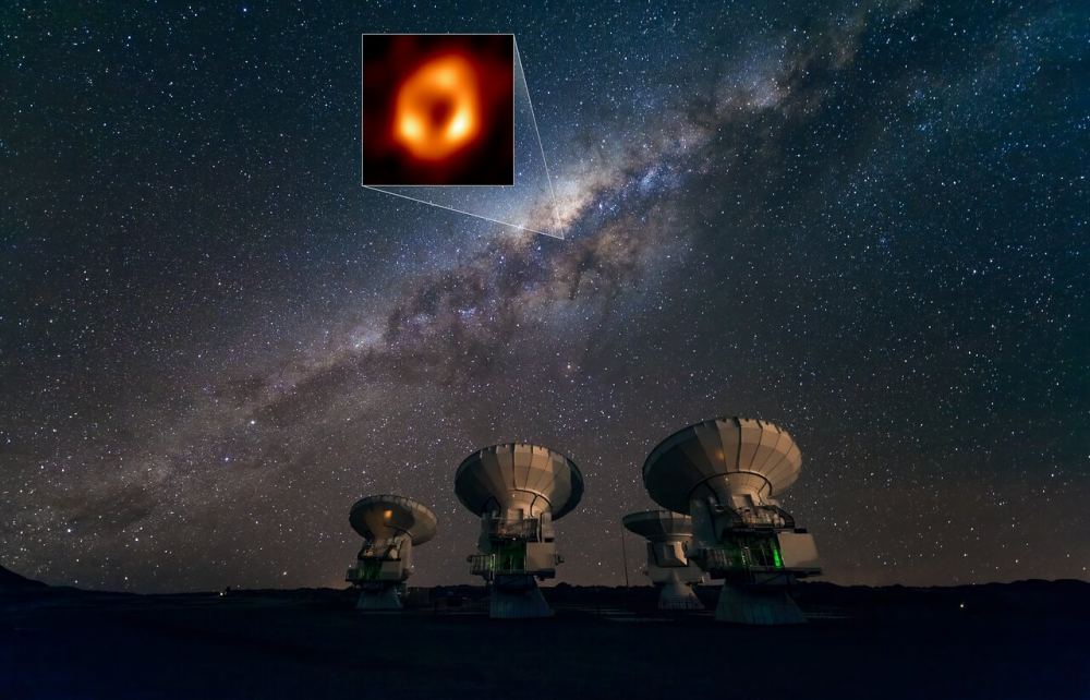 This image shows the Atacama Large Millimeter/submillimeter Array (ALMA) looking up at the supermassive black hole at our galactic centre. ALMA is part of the Event Horizon Telescope. Courtesy EHT.