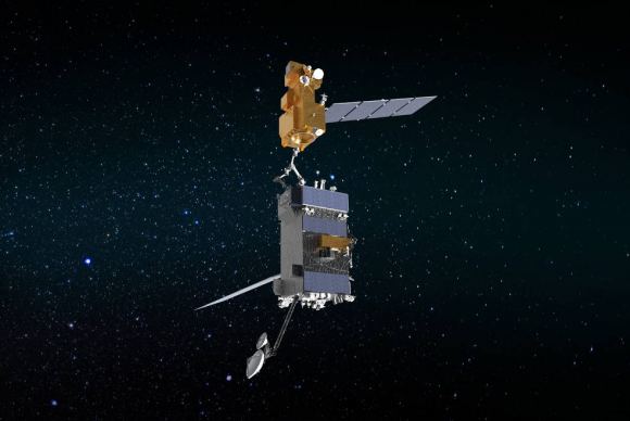 Illustration of OSAM-1 (bottom) grappling Landsat 7. This servicing mission concept was discontinued by NASA, but remains a good example of what's needed to perform repairs and refuelling to orbiting spacecraft.
Credits: NASA