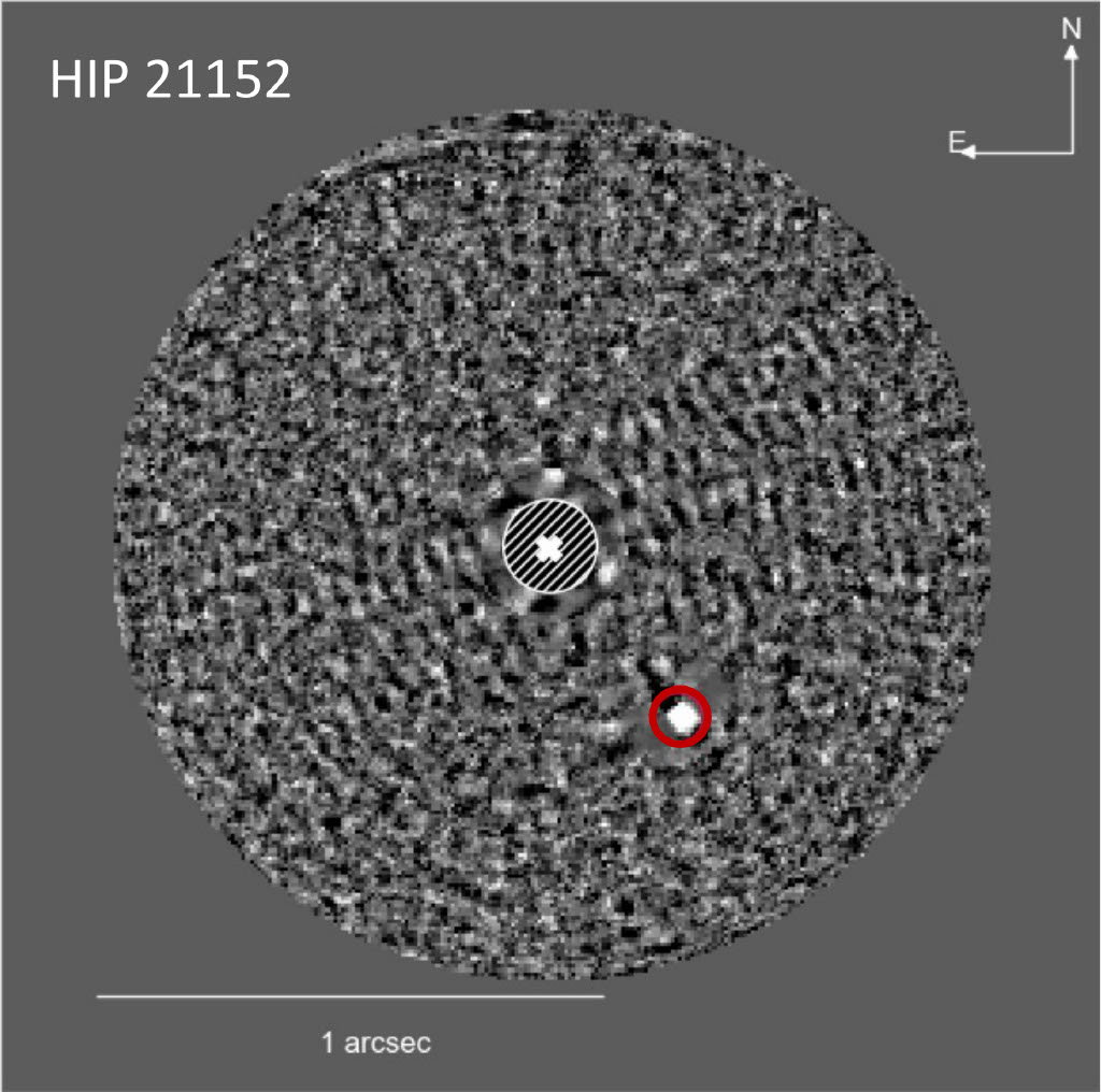 mage of the brown dwarf (in the red circle) discovered around the star HIP 21152, obtained with the Very Large Telescope SPHERE instrument. © M. Bonavita et al., MNRAS, July 2022, https://doi.org/10.1093/mnras/stac1250