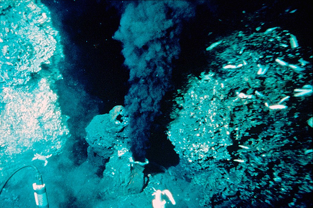 This image shows a black smoker hydrothermal vent discovered in the Atlantic Ocean in 1979. It's fueled from deep beneath the surface by magma that superheats the water. The plume delivers minerals to the sea. Courtesy USGS.