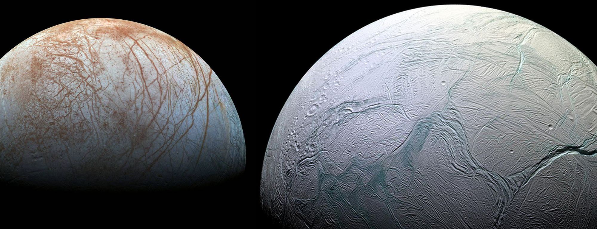 If life exists in the oceas of Europa (left) and Enceladus (right), it could leave amino-acid fingerprints just beneath the surface. Courtesy NASA.