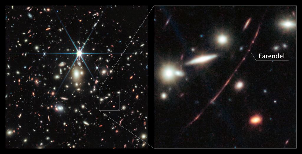 JWST's NIRCam view of Earendel, its host galaxy (inset, right), and the gravitational lensing galaxy cluster WHL0137-08 (left). Image features include both young star-forming regions and older established star clusters. In the left image, we see hundreds of small galaxies of different shapes, ranging in color from white to yellow to red. Some galaxies, mostly the redder ones, are distorted, appearing to be stretched out or mirror-imaged. Credit: NASA, ESA, CSA, D. Coe (AURA/STScI for ESA), Z. Levay