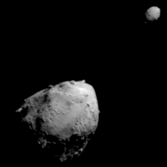 The binary near-Earth asteroid 65803 Didymos and its moon Dimorphos. Imaged by the Double Asteroid Redirection (DART) spacecraft. Gaia is finding more such binaries in the Solar System. Courtesy NASA/Johns Hopkins APL.