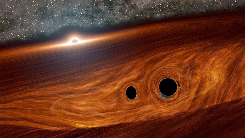 This artist's illustration shows small black holes in the accretion disk of a supermassive black hole. In early 2024, a team of researchers found evidence of a small black hole inside the accretion disk of a supermassive black hole. The small BH, if it exists, is between 100 to 10,000 solar masses. At the bottom of that range, it's the same mass as a PBH. It's not thought to be primordial, but it indicates how much we've yet to learn about black holes. Credit: Caltech/R. Hurt (IPAC)