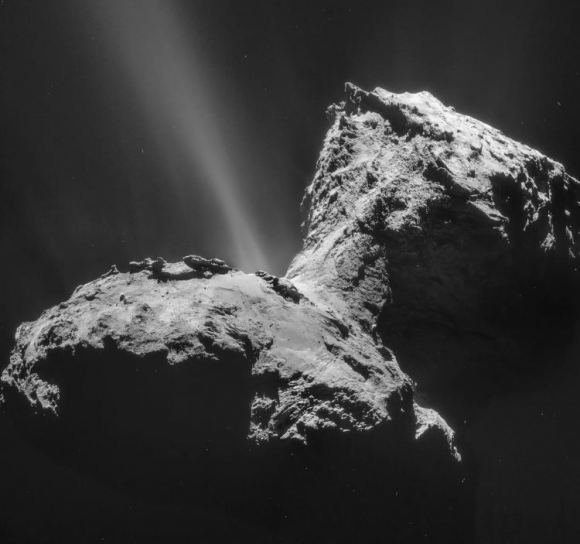 Image of Comet 67P/Churyumov-Gerasimenko taken by the European Space Agency’s (ESA) Rosetta spacecraft on Jan. 31, 2015. There's a jet of material streaming from the comet as it's warmed by the Sun. (Credit: ESA/Rosetta/NAVCAM – CC BY-SA IGO 3.0)