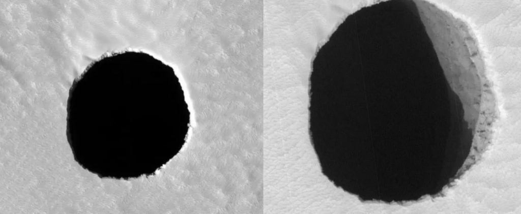 These images of a pit near Arsia Mons were captured several years ago. The image on the left was captured first, and scientists wondered if it could lead to a lava tube or cave. Then, the image on the right, showing a side wall, was captured. The side wall could indicate that there's no tube or cave. Image Credit: NASA/JPL/University of Arizona