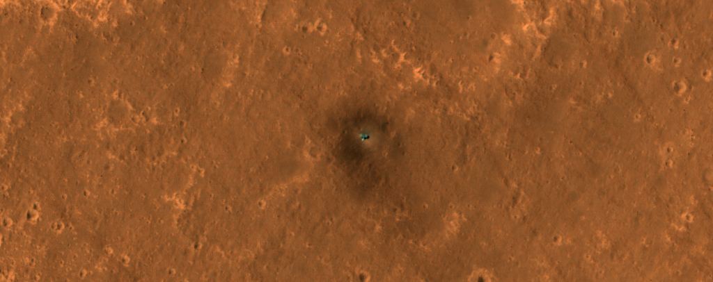 The best image of the InSight lander taken by HiRISE in 2019. HiRISE scientists were looking for dust devil tracks and other changes in the surface due to dust.  Credit: NASA/JPL-Caltech/UArizona