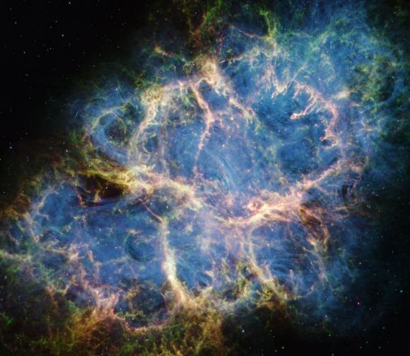 Crab Nebula by JWST. The resulting neutron star at its heart spins rapidly and sends out a signal. That makes it a pulsar. Credit: NASA, ESA, CSA, STScI, T. Temim (Princeton University)