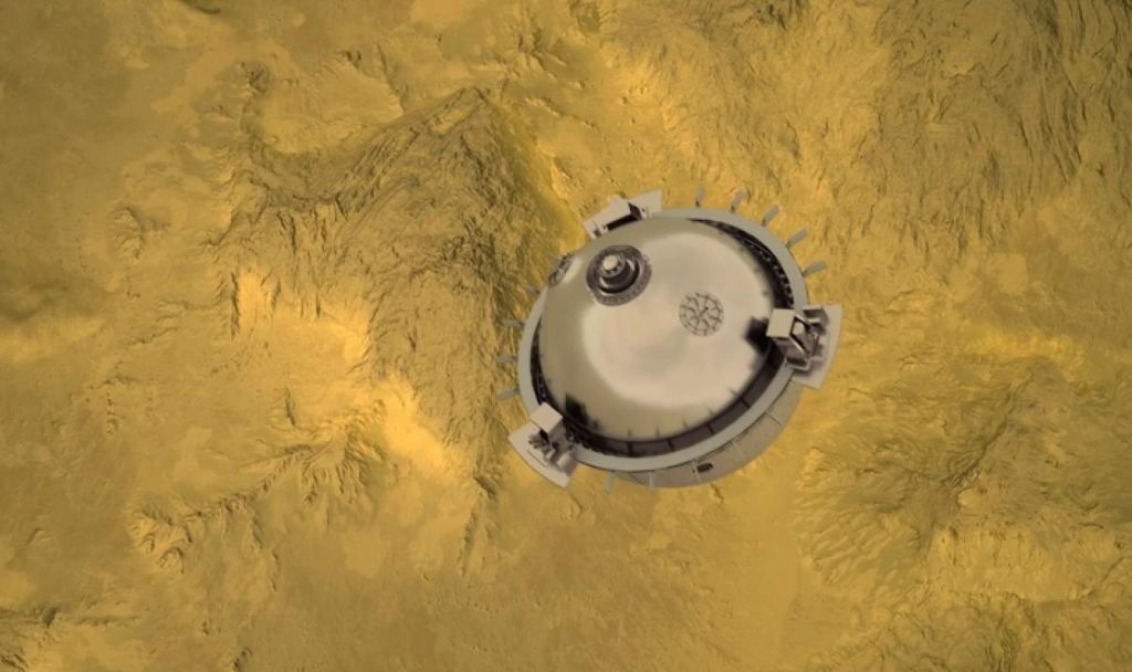 NASA's DAVINCI probe falling to the surface of Venus.