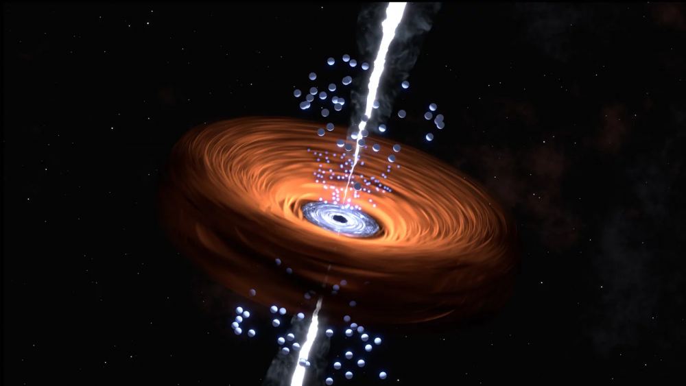 Artist's impression of a quasar core. Quasars are powered by interactions between supermassive black holes and their accretion disks at the hearts of galaxies. JWST observed one in infrared light to reveal its feeding mechanism. Courtesy T. Mueller/MPIA.