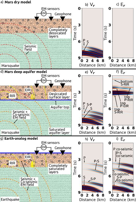 This illustration from the research shows how the seismoelectric method could detect subsurface water on Mars. It shows three different cases: a dry Mars, a Mars with a deep aquifer, and an Earth-analog model. There's a lot of complexity, but the main takeaway is that the different interface responses behave differently and arrive at sensors at different times. See the published research for more details. Image Credit: Roth et al. 2024. 