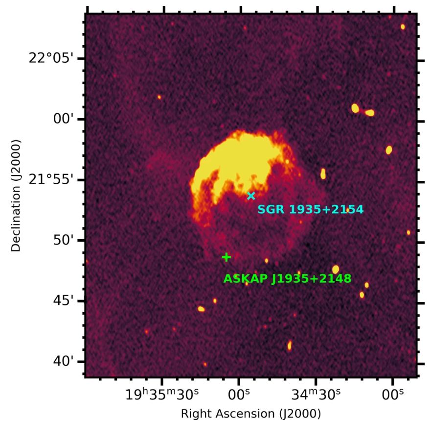 This image took six hours to acquire and shows the new object close to the magnetar SGR?1935+2154. The six hours of observations revealed the object's long-period emissions. Image Credit: Caleb, M., Lenc, E., Kaplan, D.L. et al. An emission-state-switching radio transient with a 54-minute period. Nat Astron (2024). CC 4.0