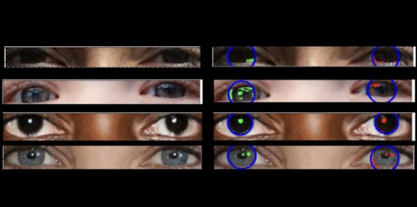 These eyes are all from deepfake images with inconsistent light reflection patterns. The ones on the right are coloured to highlight the inconsistencies. Image Credit: Adejumoke Owolabi (CC BY 4.0)