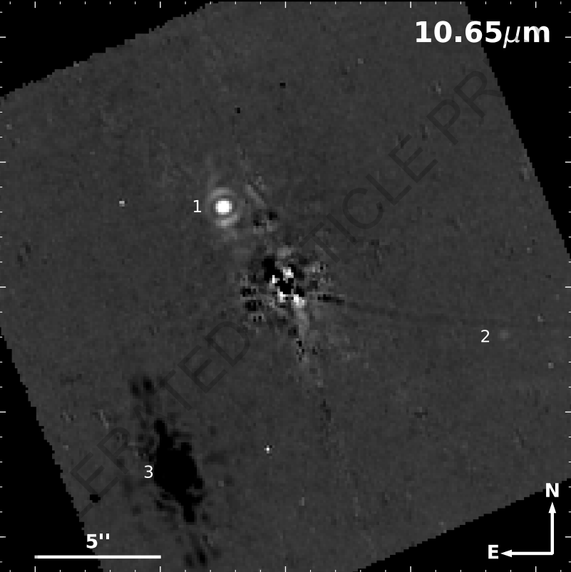 This survey image is a full-field coronagraph image of Eps Ind A obtained by JWST/MIRI in the 10.65 µm filter. (1) is the star Eps Ind A, and (2) and (3) are background stars. Image credit: Matthews et al. 2024.