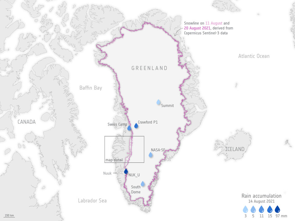 In August 2021, it rained on the summit of Greenland for the first time in human history. Image Credit: Contains modified Copernicus Sentinel data (2021) and GEUS weather station data processed by ESA. ESA Standard Licence