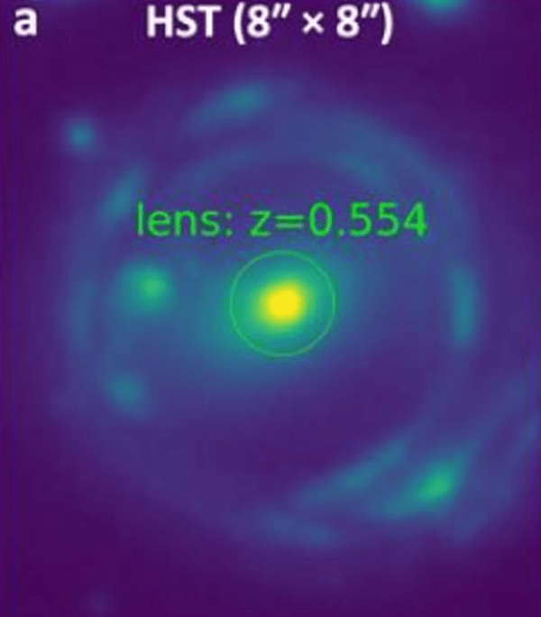 This image is a VLT MUSE image of PJ0116-24 distorted into an Einstein Ring by a gravitational lens. The foreground lens is not removed in this image. Image Credit: Liu et al. 2024. 