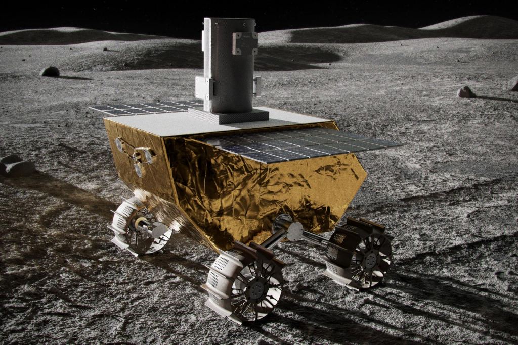 Artist's impression of the Vertex Lunar Rover on the surface of the Moon. The rover is about 35 centimeters tall; the cylinder on top is the mast of the APL-built magnetometer. Credit: Johns Hopkins APL/Lunar Outpost/Ben Smith