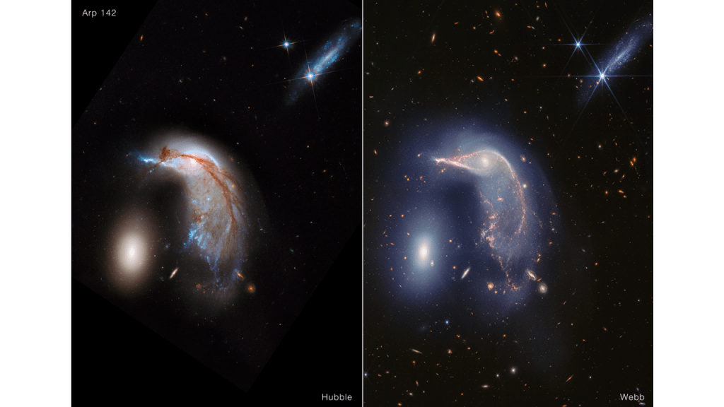 The Hubble Space Telescope captured visible light when observing Arp 142, nicknamed the Penguin and the Egg, in 2013.

At right is the James Webb Space Telescope’s near-infrared light view of the same region. Courtesy NASA, ESA, CSA, STScI