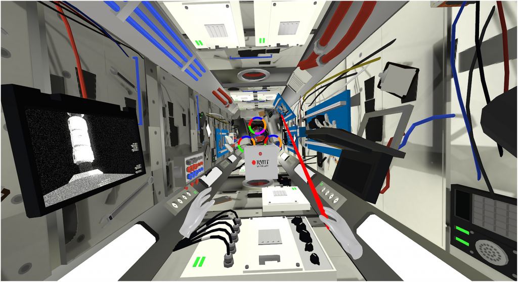 This image shows the simulated 'space laboratory' utilized during the Virtual Reality experimental block for odour evaluation. A virtual sample appeared when subjects interacted with the red button on the box labelled 'RMIT University' (mimicking a sensory tasting booth hatch concept). Image Credit: Low et al. 2024