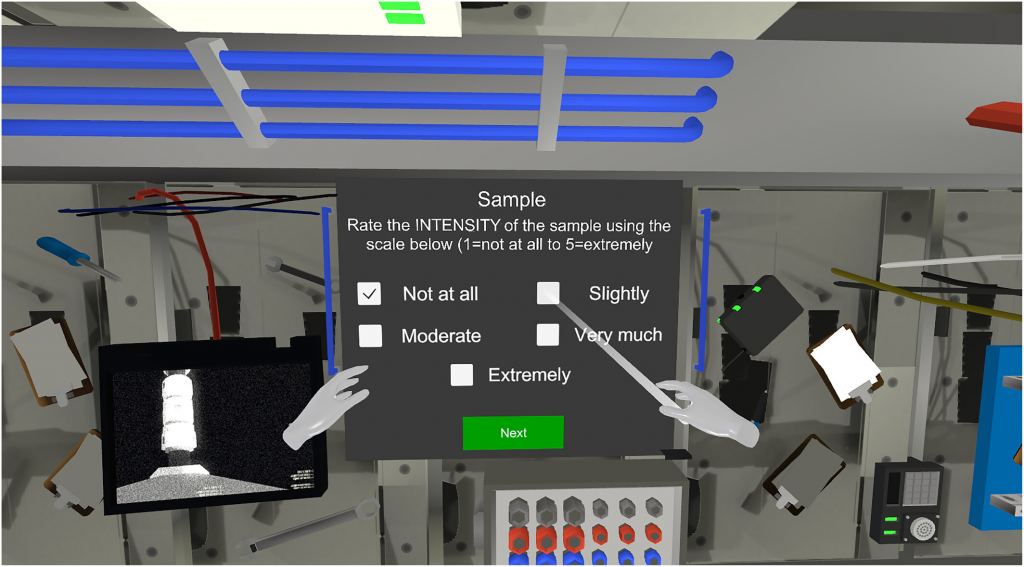 This image shows the embedded questionnaire within the Virtual Reality context that appears after a subject interacts with a virtual sample. Image Credit: Low et al. 2024.