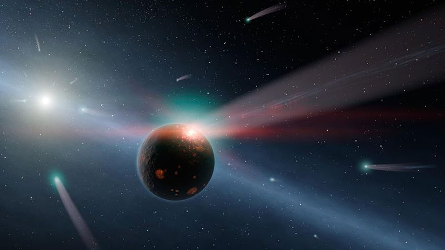 An artist's concept of a rocky planet and a rain of comets and other objects pummeling its surface. These, along with dark comets, could have delivered water to early Earth. Courtesy NASA/JPL.
