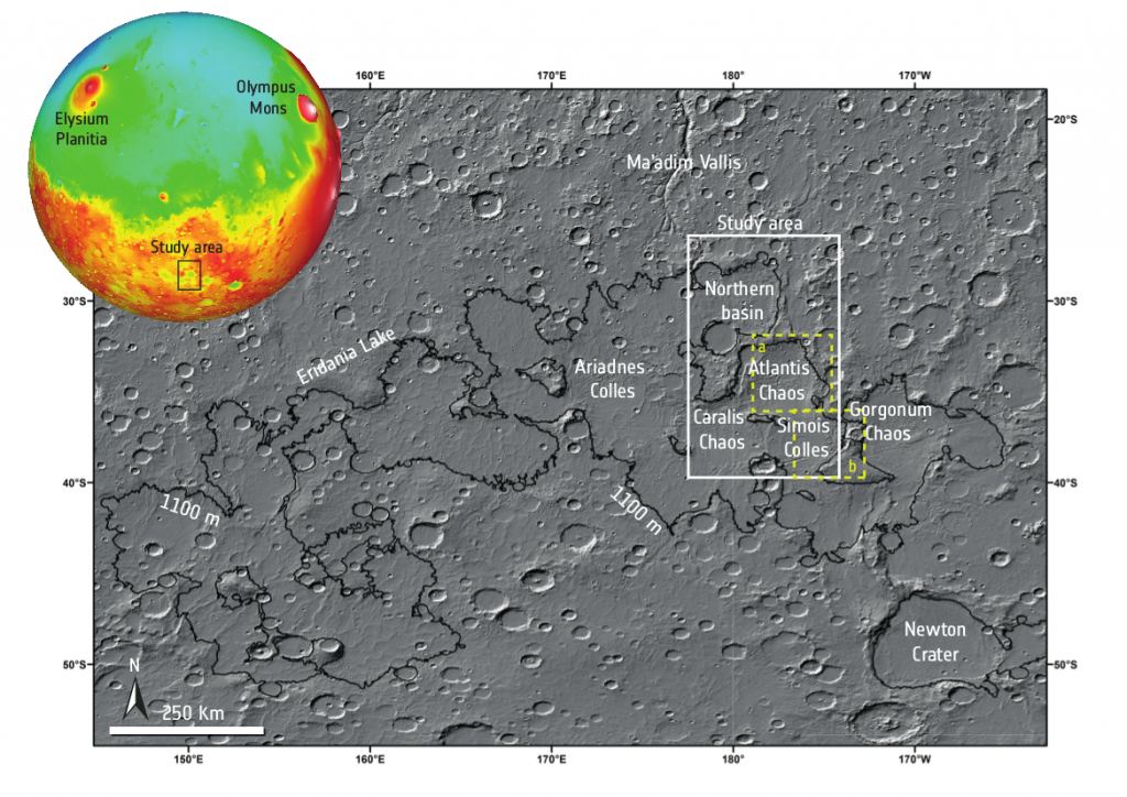 This image puts the Caralis Chaos region into context. It's from a 2015 paper that focused on two parts of the Eridania Lake system: Atlantis Chaos and Simois Colles. Image Credit: Adeli et al. 2015.