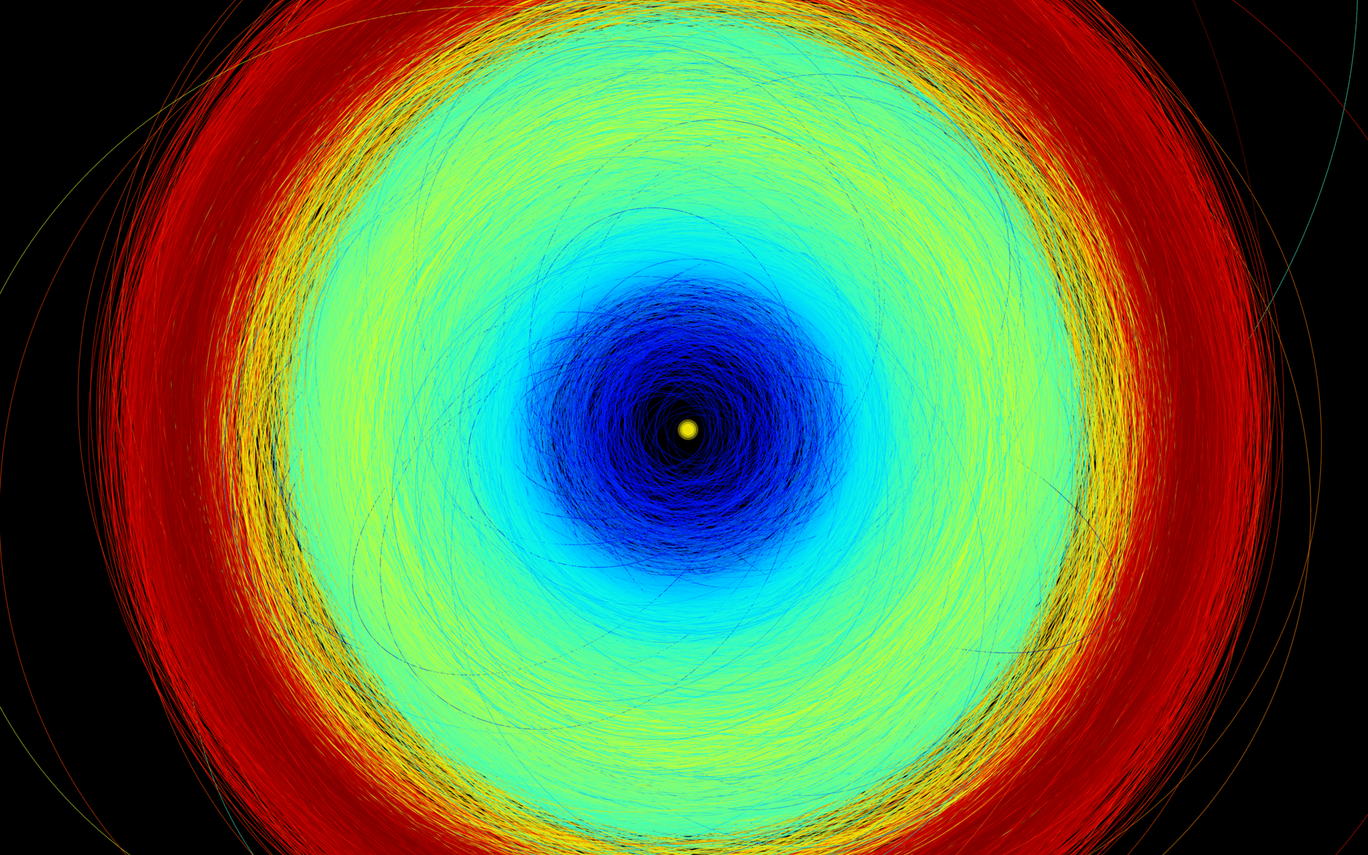 This illustrates the orbits of more than 150,000 asteroids seen by Gaia as part of its data release 3. The orbits shown here extend from the inner solar system to the orbit of Jupiter. Courtesy ESA/Gaia/DPAC; CC BY-SA 3.0 IGO