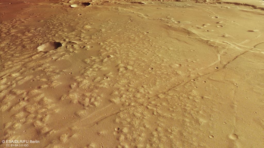 This perspective view shows the mounds on the floor of ancient Lake Eridani. Image Credit: ESA/DLR/FU CC BY-SA 3.0 IGO